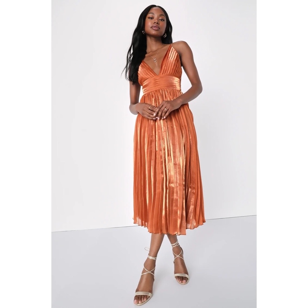 Romantic Aesthetic Shiny Rust Orange Pleated Midi Dress - NWT - Size Medium